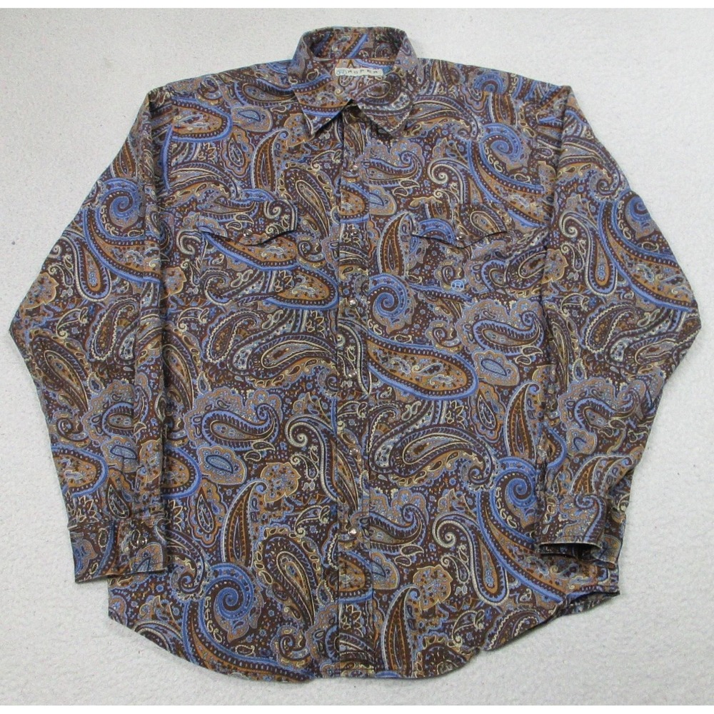 Roper Shirt Youth XL Brown Paisley Western Pearl Snap Long Sleeve Cowboy Pockets